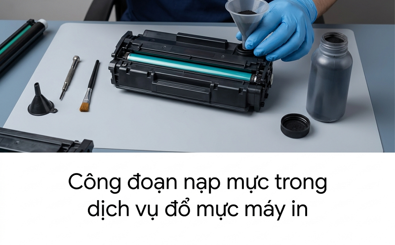 Công đoạn nạp mực trong dịch vụ đổ mực máy in