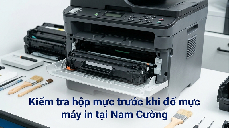 Kiểm tra hộp mực trước khi đổ mực máy in tại Nam Cường