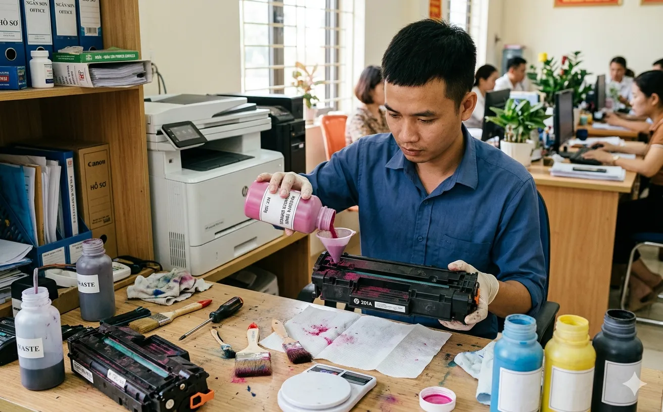 Quy trình đổ mực máy in tại Ngân Sơn của Hoàng Hà Quy trình đổ mực máy in tại Ngân Sơn của Hoàng Hà