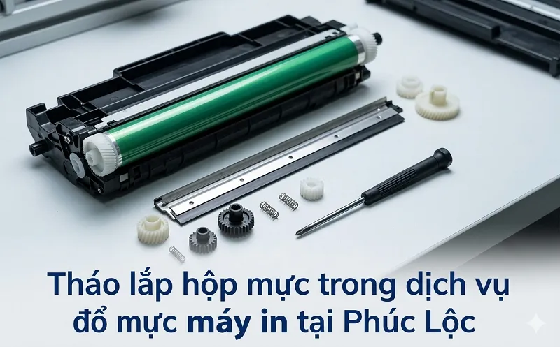 Tháo lắp hộp mực trong dịch vụ đổ mực máy in tại Phúc Lộc